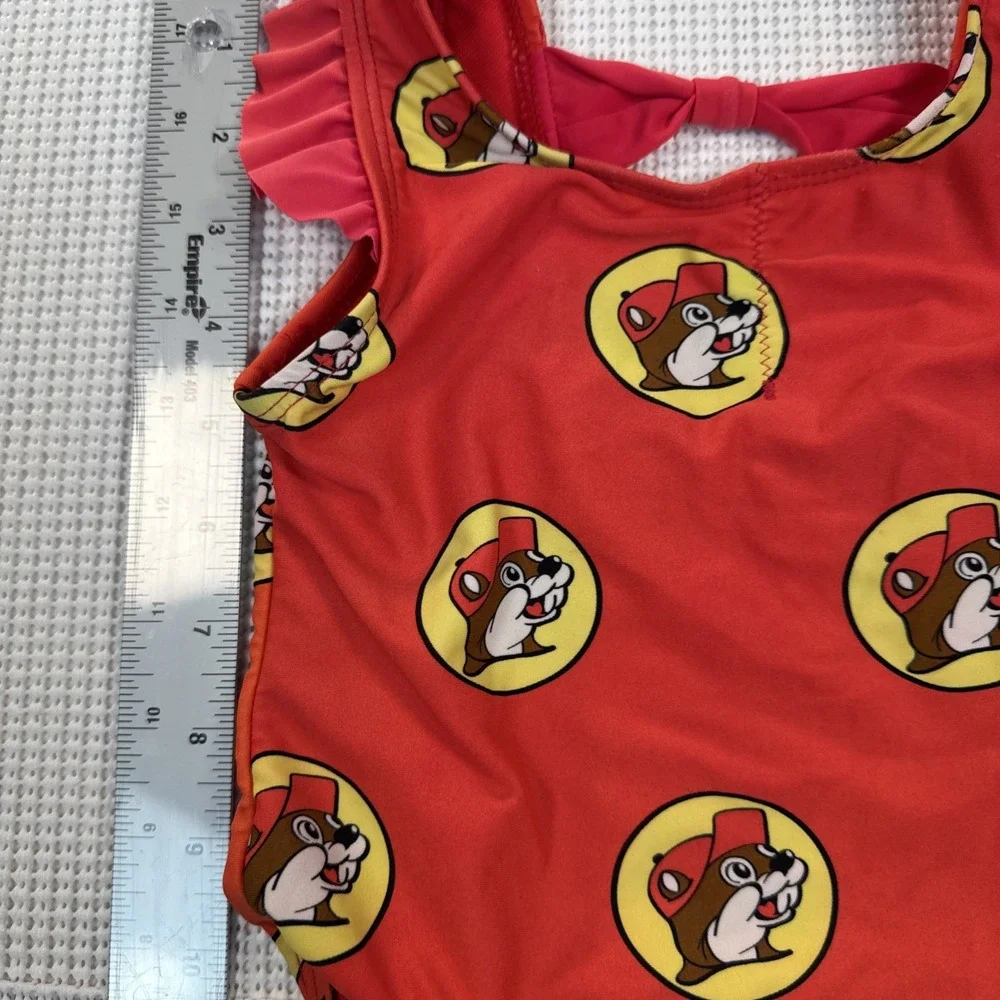 Buc-ee's Baby Swimsuit 12-18M One Piece Red Beaver Print Girls Ruffle Cute